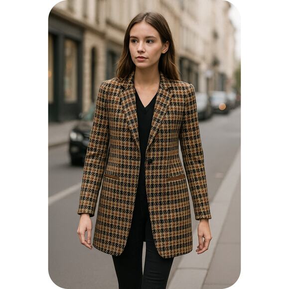 NWOT Tommy Hilfiger Women Brown Houndstooth Print Longline Blazer Jacket Coat 10 - Picture 1 of 15